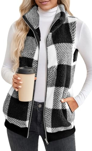 FEOYA Gilet Polaire à Carreaux pour Femmes Automne Hiver Gilet Chaud sans Manches Vestes Zippées à col Montant Gilet doux avec Poches Noir XL