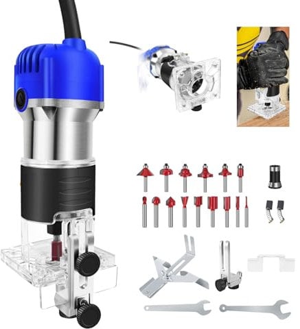 Oberfräse 800 W, Oberfräse mit Tiefen-Feineinstellung inkl. Zirkel, Parallelanschlag, Staubsaugeranschluss, Schablonenführung & Spannzangen | 220V 800W Oberflächenfräse mit 40mm Hubhöhe