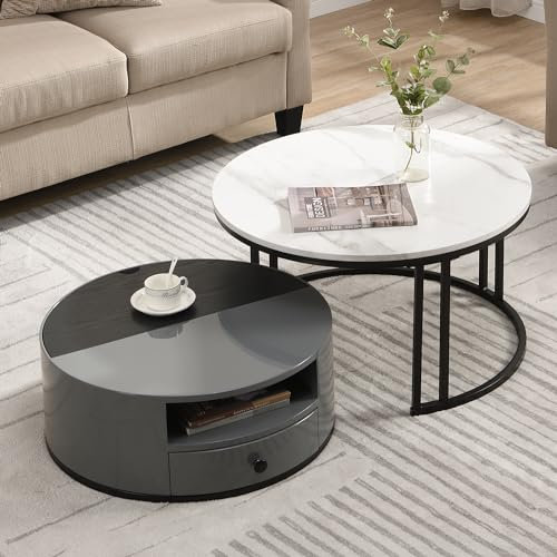 Merax Couchtisch Rund, Satztisch 2er Set, modern Beistelltisch Wohnzimmertisch Nesting Kaffeetisch mit Schublade & versteckter Stauraum, Metallgestell, Marmormuster, für Schlafzimmer, Balkon, Büro