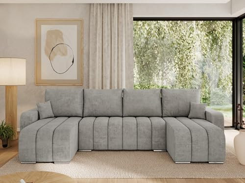 MKS MEBLE Sofa mit Schlaffunktion - Ecksofa mit Schlaffunktion und Bettkasten - Sofa 3 4 5 Sitzer - Schlafsofa - Couch - Schlafsofa mit Bettkasten - Kirasso U -Hellgrau Struktur