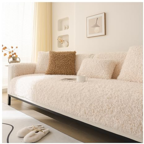 HonunGron Teddy Plüsch Sofa überzug, Waschbar, rutschfest, Weich, Warm, Sofa überzug Ecksofa, L-Form, 1/2/3/4 Sitzer, Couchschoner, Dicker Möbelschutz für Kinder, Haustiere (Beige,90 * 160cm)