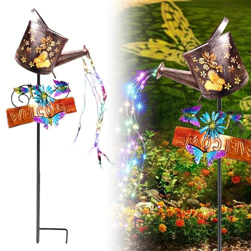 WIYETY Lampada per annaffiatoio solare: lampade solari per esterni da giardino, lampade decorative in metallo, luci da fiaba, lanterna solare per esterni per prati e sentieri (con gancio da pastore)