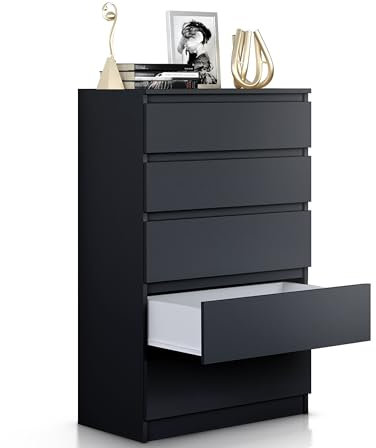 Beneli Kommode Schwarz 110x40x70 cm | Schubladenkommode mit 5 Schubladen | Modernes Sideboard für Wohnzimmer, Schlafzimmer & Flur | Elegante Aufbewahrung