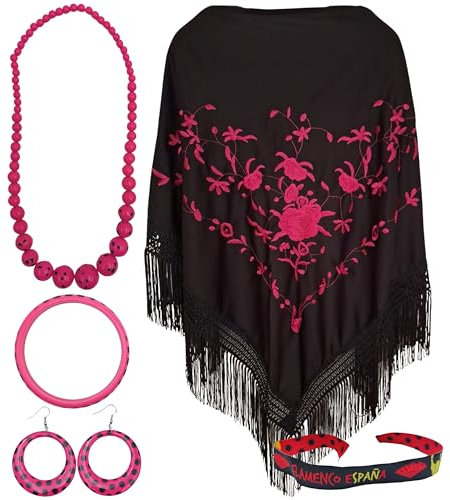 Planta Color Scialle Ricamo Fiori con Accessori, Nero Fucsias, L