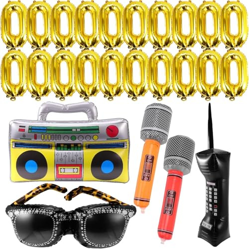Incisite 25 Pcs 80s 90s Inflatable Party Decorations, Inflatable Boom Box, Microphone, Gold Chain Balloons, Blow up Mobile Phone, Eyeglasses, 80s 90s Props Hip Hop Party Decorations Cosplay Props