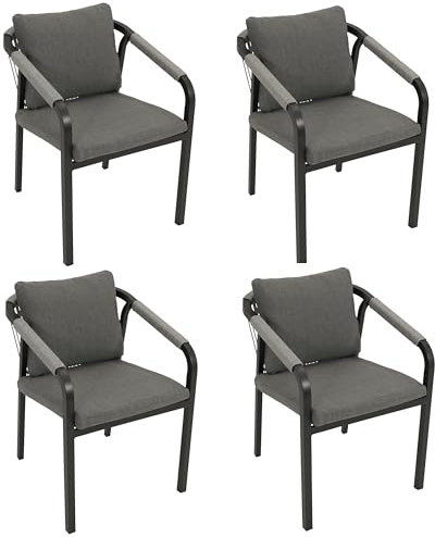 DEGAMO Gartenstuhl Stapelsessel Lyon, Aluminium anthrazit + Rope grau, mit Kissen grau, wetterfest, Outdoor, 4 STCK.