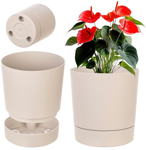 KADAX Blumentopf mit Untersetzer, Durchmesser 34.5cm, Übertopf aus Kunststoff für Innen, Pflanztopf mit Matter Oberfläche für Zimmerpflanzen (Beige)