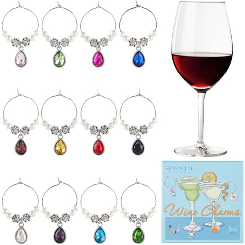 SUNNYCLUE 12 Colors Wine Glass Charms Wine Stem Charms Bulk Tear Drop Like Marker Colors Tags Cups Labels Shiny Glass Identifiers for Drinks Christmas Party Favor Drinks Tasting Supplies Women Adults