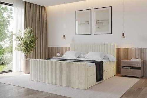 ALTDECOR Boxspringbett mit Matratze und Lattenrost, Topper, Fußteil,Polsterbett mit Bettkasten, Bett mit Stauraum H3-Matratze, Doppelbett, Boxbett - TOLO-Z 200x200 Cord - Creme