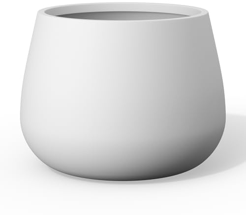 Kante Vaso rotondo da giardino serie Curva, 37 cm, in cemento, con foro per drenaggio e tappo in gomma, adatto per piante da interno, casa, giardino, patio, bianco