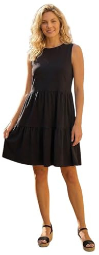 Roman Originals Cotton Tiered Stretch Dress for Women UK - Ladies Everyday Holiday Spring Summer Round Neckline Comfy Soft Evening Vacation Work Party - Black - Size 12
