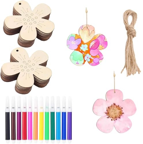 Yotlein 52pcs Ho-lz Blumen zum, Holz Blu men Scheiben mit Schnur, Bastelset Kinder Bl-ume, Holzblumen zum Bemalen mit Aquarellstift, Naturholzscheiben zum Basteln, Ho-lz zum Aufhängen Fensterdeko