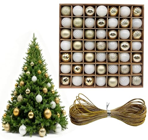 LIUYIDM Palle Natalizie Set da 49 Pezzi Set Decorazioni Albero di Natale 3 cm Palline di Natale Bianche e Oro con 10 Metri di Filo d'oro, Adatto per Decorazioni Natalizie (Bianco Dorato)