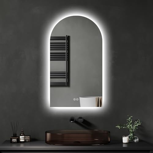 Badspiegel mit Beleuchtung 40x70 cm, Gewölbter LED Badezimmerspiegel | Badezimmer Spiegel mit Beschlagfrei, Touch-Schalter, dimmbar, 3 Lichtfarben, Beleuchtet Wandspiegel für Bad & Gäste-WC