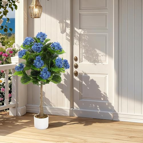 GarveeLife Artificial Hydrangea Tree 95 cm in Pot, 9 Blue Lifelike Flowers, Black Plant Pot for Living Room, Office, Interior Decoration