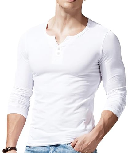 Mens Long Sleeve Muscle Slim Fitted Cotton Henley T-Shirt with Buttons White L