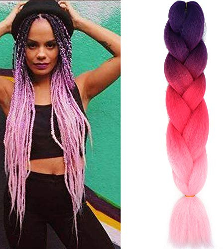 Braids Extensions Ombre Kunsthaar zum Einflechten 1 Bündel Braiding Hair | 60cm Jumbo Braids Flechthaar Synthetik Haare zum Einflechten für Braid Zöpfe Flechthaarverlängerung, Lila & Rosenrot & Rosa