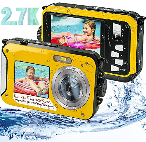 Camara Acuatica, Camara Sumergibles Full HD 2.7K 48MP Camara de Fotos Acuatica con Pantalla Dual, Zoom Digital 16X y Autodisparador