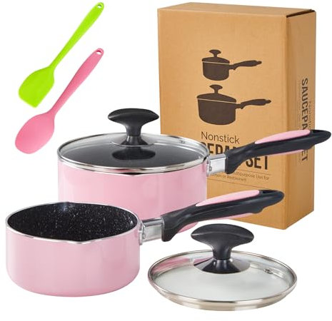 HooJay Juego de cacerolas antiadherentes con tapa, antiadherente de 1 cuarto y 2 cuartos de galón, con tapa de cristal, olla pequeña para el hogar, cocina, color rosa