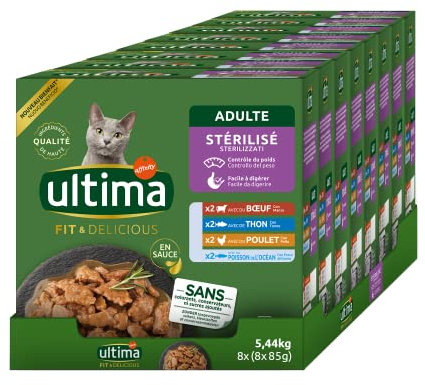 ULTIMA sachet repas Chat Stérilisé Poulet, Bœuf, Thon & Poisson de l'Océan - 8 Packs x 8x85 g