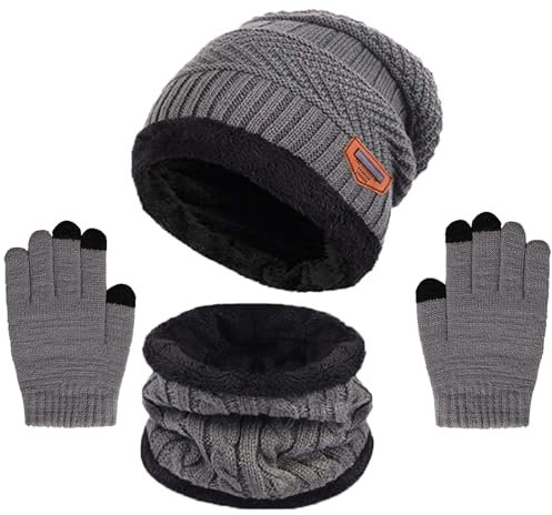 Wintermütze Kinder Schal Handschuhe 3PCs Fleece Gefüttert Beanie Strickmützen Warmem Mütze, Schal & Touchscree Handschuhe-Sets Verdicken Fleece Thermisch für Jungen Mädchen, Grau
