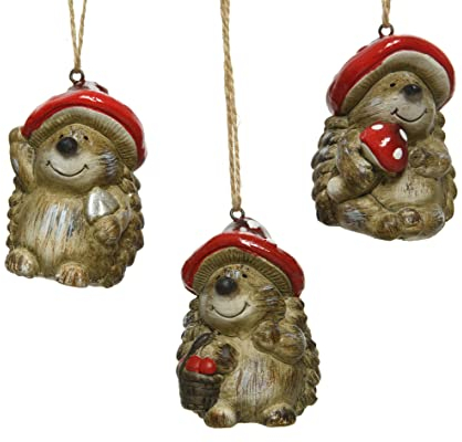 Christbaumschmuck Keramik Igel 7cm x 1 Stück Sortiert mit Pilzhut Waldtiere Weihnachtskugel braun