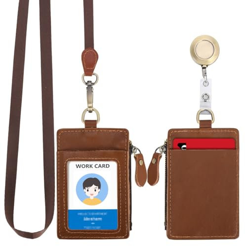 Wonderpool Pelle Porta Badge Porta Carte Tasca a Portafoglio Cerniera con Cordino da Collo Staccabile e Portachiavi Retrattile filo acciaio per Chiavi Monete ID Carte Permesso Tesserino (Marrone)
