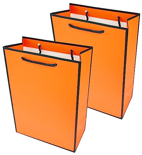 PACK4YA Papier-Geschenktüten mit Schleifenband, Geschenktüte mit Henkel für Geburtstag, Hochzeit, Weihnachtsfeier, Einkaufen, Babyparty 20x10x28 cm (Orange, schwarzer Rahmen, 2 Stück)