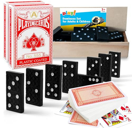SOL 2pk Playing Cards and 28pk Dominoes Set for Adults or Children, Standard Plastic UK Deck Multi pack, Waterproof Poker, Dominos in Wooden box, Traditional Fun Game with Family and Friends