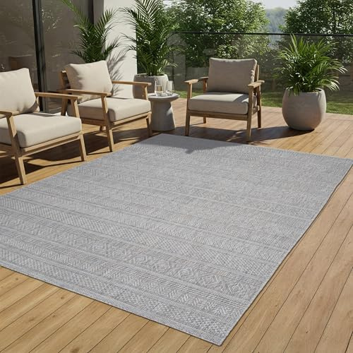 TAPISO Melissa Teppich Outdoor Indoor Grau Flachgewebe Sisaloptik Wetterfest Kurzflor Wohnzimmer Küche Flur Balkon Terrasse ÖKO-TEX 140 x 200 cm