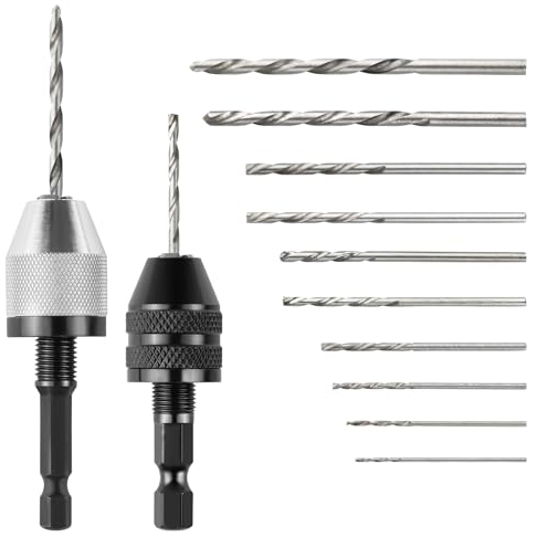 2 portabrocas de sujeción rápida, adaptador de broca de vástago hexagonal de 1/4 pulgadas, 0,3-6,5 mm y 0,3-3,6 mm, portabrocas sin llave con 10 brocas de 0,8-3,0 mm para herramientas de conversión