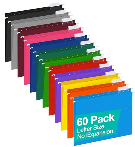 HERKKA Hanging File Folders, 60 Pack Reinforced Letter Size Hanging Folders with Heavy Duty 0 Inch Expansion, Designed for Bulky Files, Medical Charts, 1/5-Cut Adjustable Tabs, 12 Assorted Colors