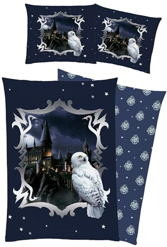 Harry Potter Bettwäsche Stars Blau 135 x 200 + 80 x 80 cm 100% Baumwolle Renforcé-Linon-Qualität Hogwarts Hedwig Eule Gryffindor Hufflepuff Ravenclaw Slytherin mit Reißverschluss deutsche Größe