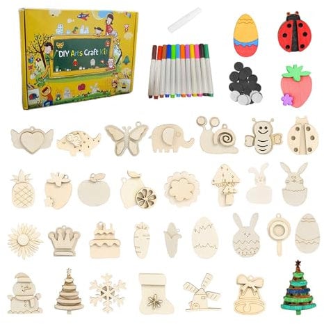 LUUFAN 36PCS Wooden Fridge Magnets, Children Refrigerator Sticker Toys DIY Painting Kit for Boys and Girls Art Crafts Project Home Wood Decorations