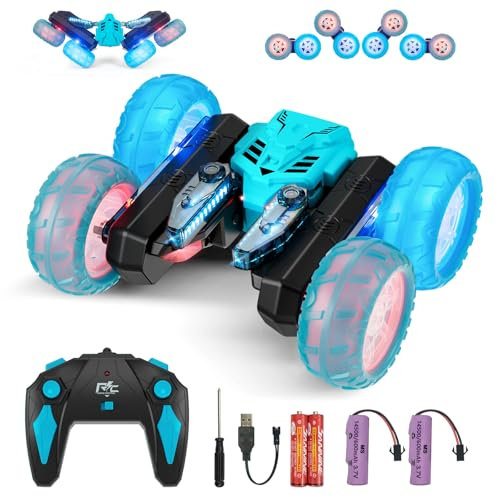 Amicool Voiture Telecommandé Enfant avec Upgraded Bande Lumineuse et Feux de Roue, 4WD 360°Rotation 2.4GHz Voiture Radiocommandee Crawlers pour Enfants 6-12 Ans (Bleu)