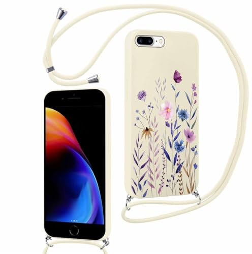 Yoedge Schutzhülle für iPhone 8 Plus/iPhone 7 Plus mit Kordel, 5,5 Zoll, dünn, weich, Silikon, TPU, Schutzhülle mit ästhetischem Motiv, stoßfest, Bumper mit verstellbarem Band, Blume 4