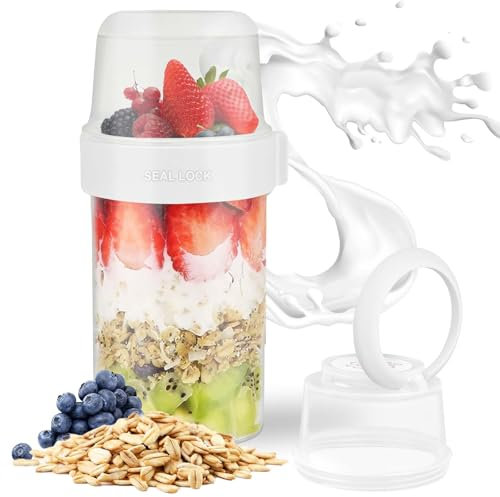 HOTUT Taza de Cereales para Llevar, 150 ml + 330 ml Contenedor De Avena Durante La Noche,Vaso Cereales Con Tapa, Sin BPA,Compartimentos Separados