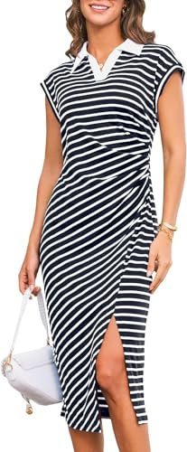 GRACE KARIN Women Summer Midi V Neck Dress Short Sleeve Shirt Dress Split Bodycon Dress Navy Blue M