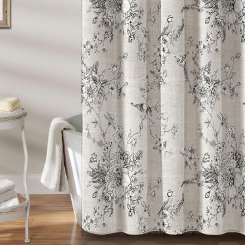 MUGINYU Rideau de douche en lin vintage à motif floral – Motif imprimé oiseaux et feuilles – Rideau de douche rustique en toile pour salle de bain – Décoration de salle de bain de campagne française,