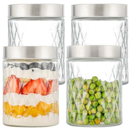 Hniuyun 4 Pack 16oz Wide Mouth Glass Jars with Stainless Steel Lids, Airtight Food Storage Containers for Overnight Oats, Spices, Candies, DIY Crafts