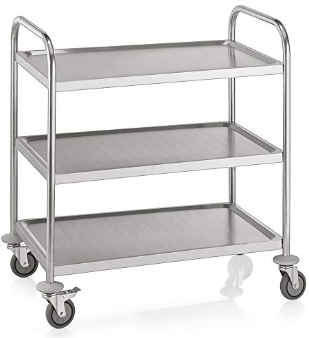 WAS 1950 003 Edelstahl Servierwagen, 4 Schwenkbare Rollen mit Rammschutz, 3 Borde, 25.5cm Abstand, 85cm Länge, 54cm Breite, 94cm Höhe