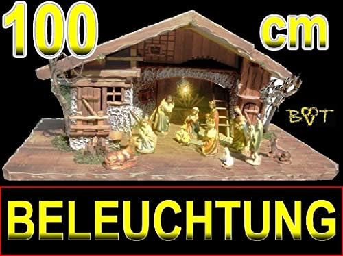 Weihnachtskrippe mit Zubehör, BTV ca. 100 x 50 cm Design: massiv Vollholz Massivholz mit Krippenfiguren + 12 Figuren + Laterne Beleuchtung: LICHT KOMPLETT MIT LED + BELEUCHTUNGSSET + Krippen für Weih