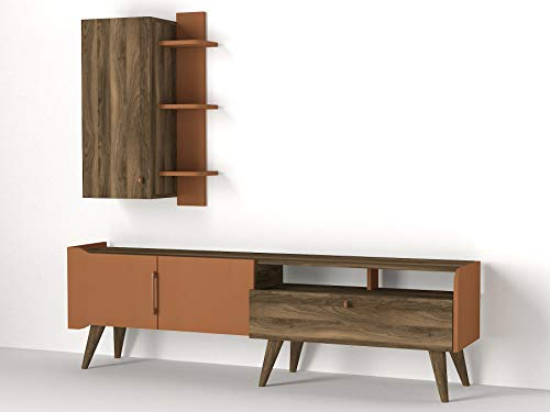 Alphamoebel 4401 Verona Wohnwand Anbauwand TV Lowboard mit Metallfüße Wohnzimmerschrank, Walnuss Braun, Holz, Hängeregal mit Schrank, 180 x 50,5 x 36,8 cm