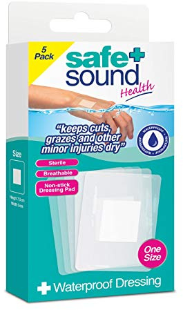Safe & Sound Health Waterproof Dressings, 5 Pack | Sterile, Adhesive Plasters, Flexible & Breathable, Non-Stick Pad, For Cuts, Grazes & Minor Injuries