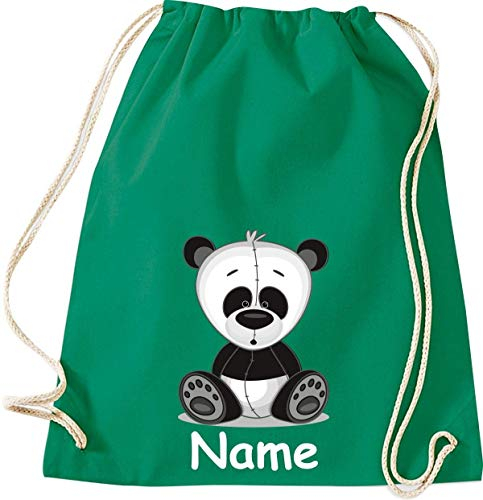 Shirtinstyle Gym Sack Kinder Turnbeutel Tiere Panda Bär mit Wunschnamen, Beutel Tasche, Farbe Kellygreen