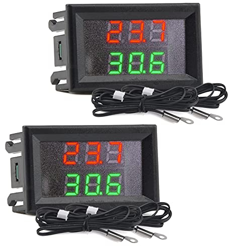 Aideepen DC 4-28 V Hochpräzisions-Doppelanzeige-Digital-Thermometer, Auto-Thermometer, NTC Metall wasserdichte Sonde, rot + grün, 2 Stück