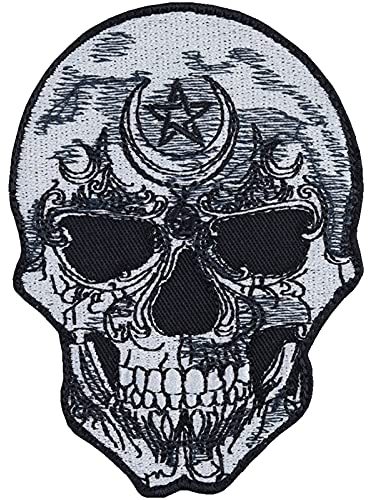 Skull Head Iron on Patches - Pentagram Sew on Patch for Rockers, Heavy Metal, Punk Fans, Bikers - Wildly Popular Skull Applique for Jackets, Jeans, Backpacks, Hats, Shirts - 65x90 mm