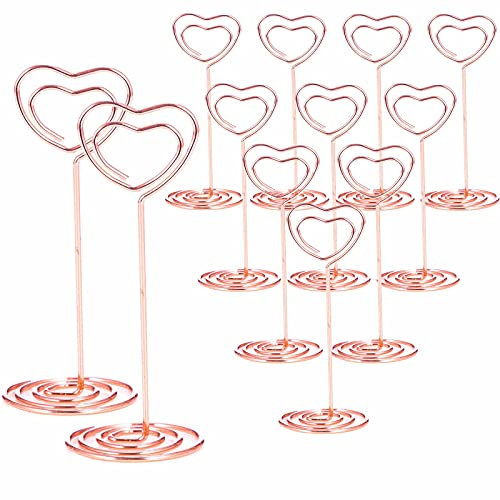BuRuiJi 12pcs Mini Heart-Shaped Place Card Holders & Table Number Stands (Rose Gold, Metal)