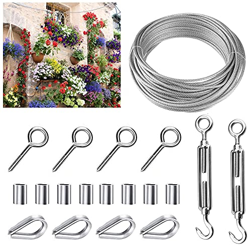 STCRERAG Drahtseil Edelstahl Set Rankhilfe Seilspannsystem Stahlseil mit Spannschloss Drahtseilklemmen DIY Draht Seil Klemme Schloss Haken Edelstahlseil Karabinerhaken mit Seil Ösenschraube Karabiner