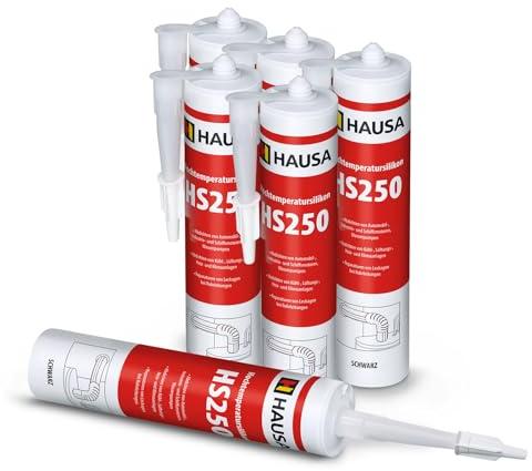 HAUSA Silicone ad alta temperatura HS250 nero, 6 x 300 ml, sigillante resistente al calore + 305 °C, sigillante per incollare, sigillare forni, piani cottura, motori ad asciugatura rapida, resistente